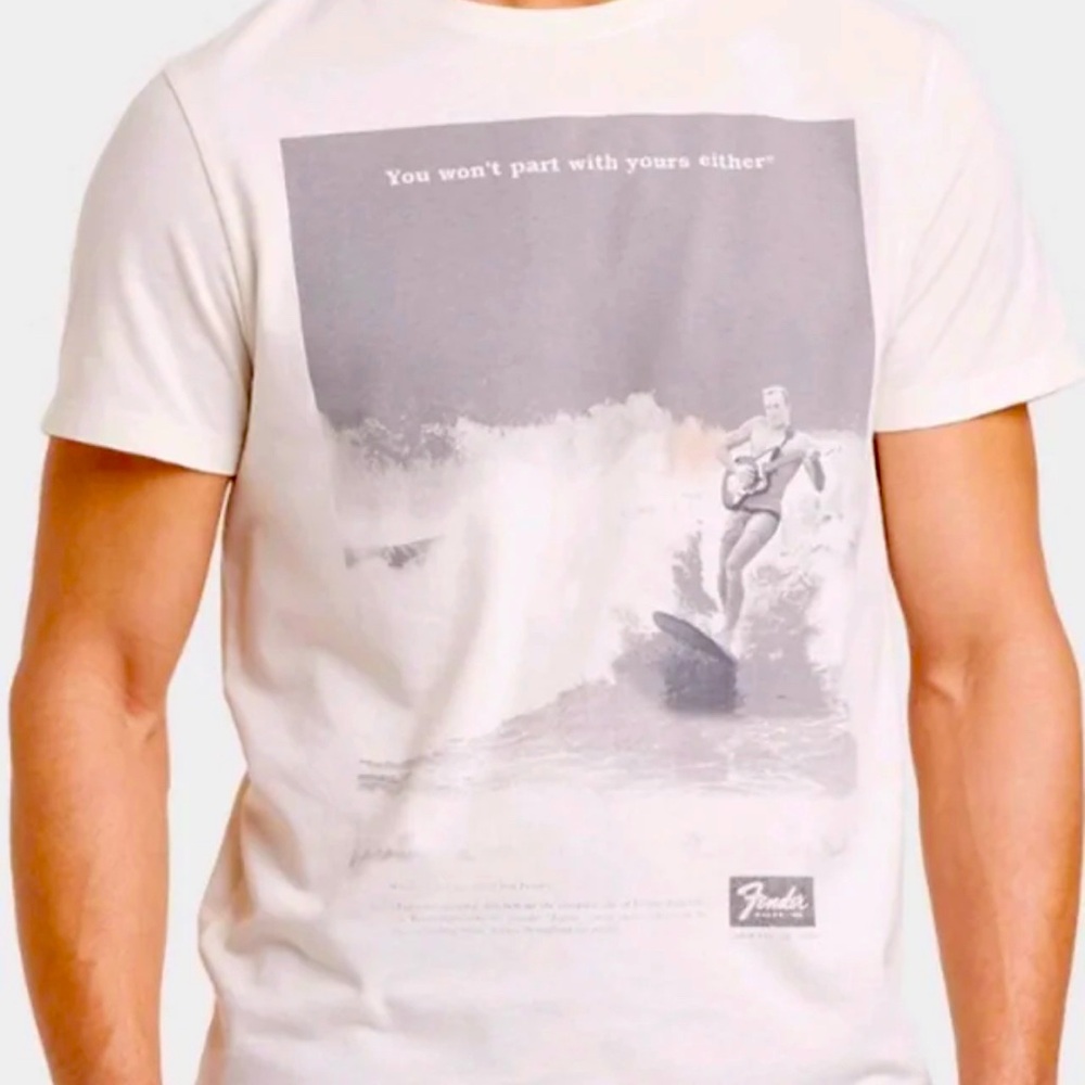 Goodfellow & Co Fender NWT Ivory and Gray Short Sleeve Surfer & Guitar T Shirt
